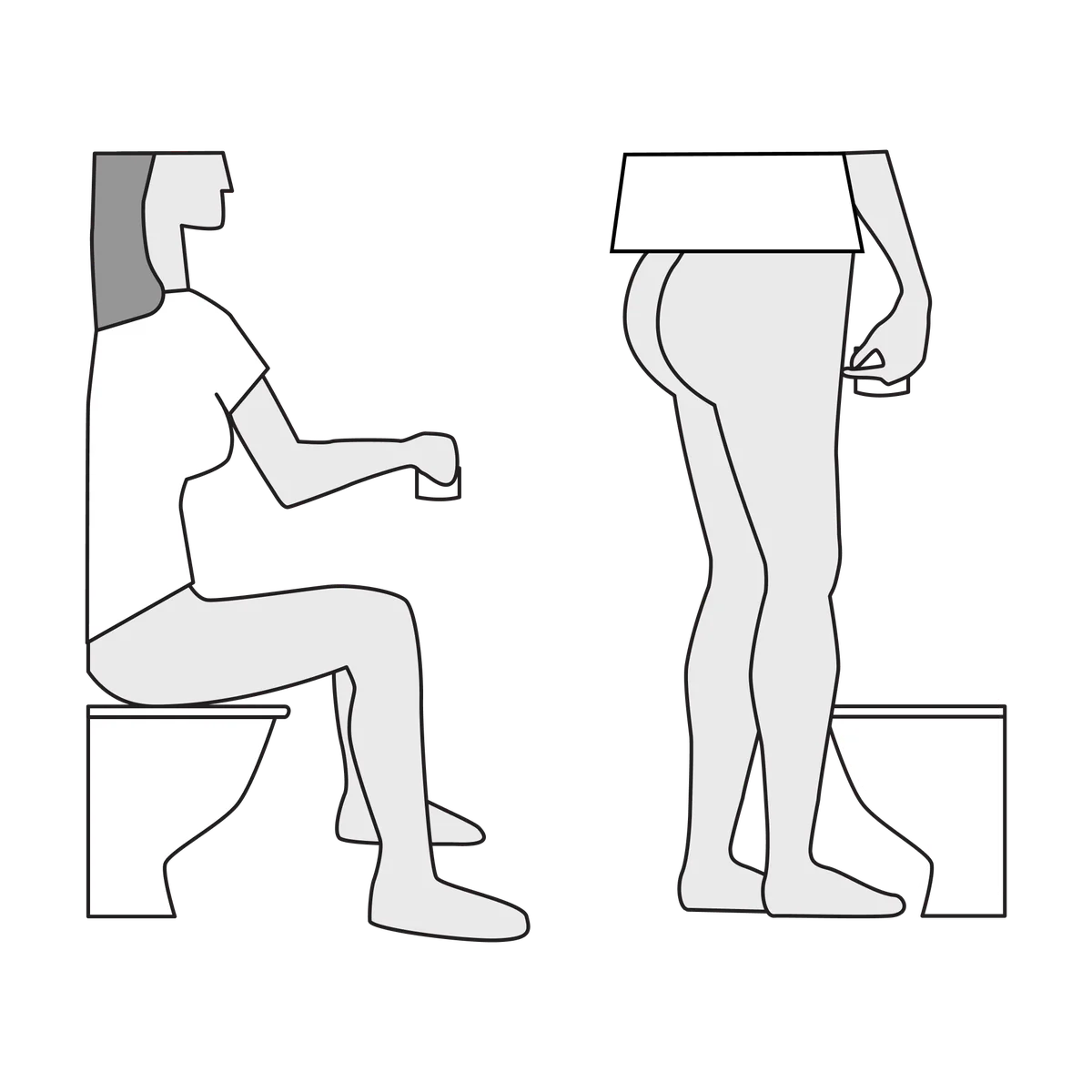 Two people at a toilet, one sitting and one standing, each holding the urine container