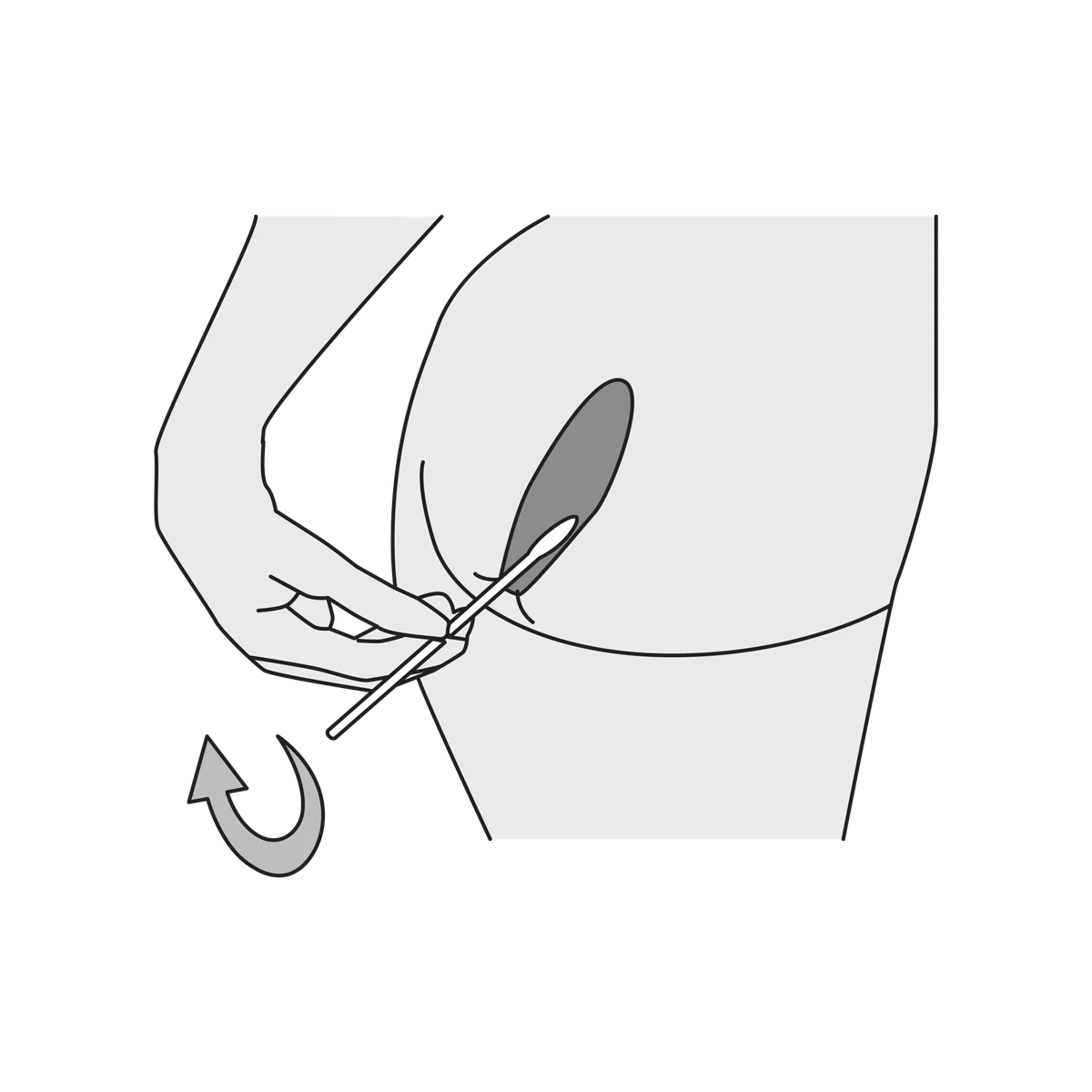 The swab inserted into the anus, with an arrow showing it being twisted